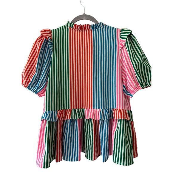 THML Multi Color Stripe Colorful Vneck Ruffle Peplum Blouse Top - Picture 2 of 9